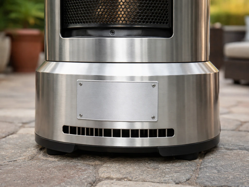 Close-up of a pellet patio heater’s lower base label area to help confirm the model/version.