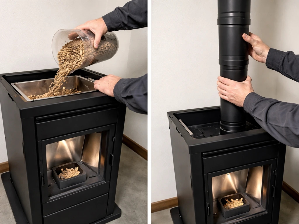 Hands loading pellets and fitting a properly seated chimney section on a pellet stove.