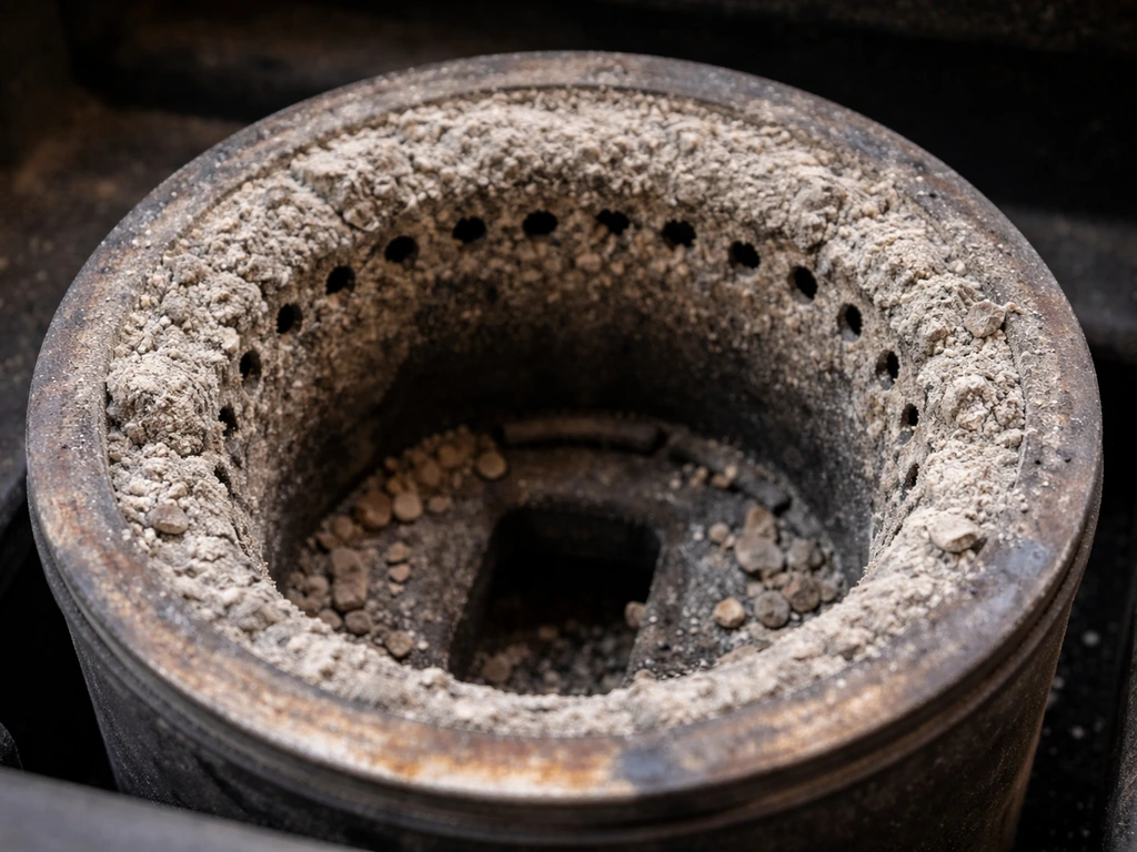 Close-up of a wood pellet stove burn pot with ash buildup blocking airflow, shown as a clear obstruction