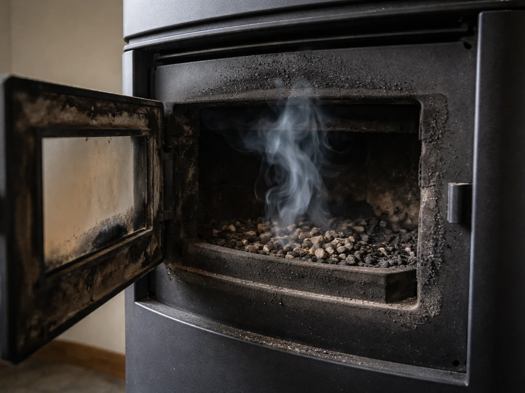 Close-up of a pellet stove with heavy gray smoke and sooty residue around the firebox opening.