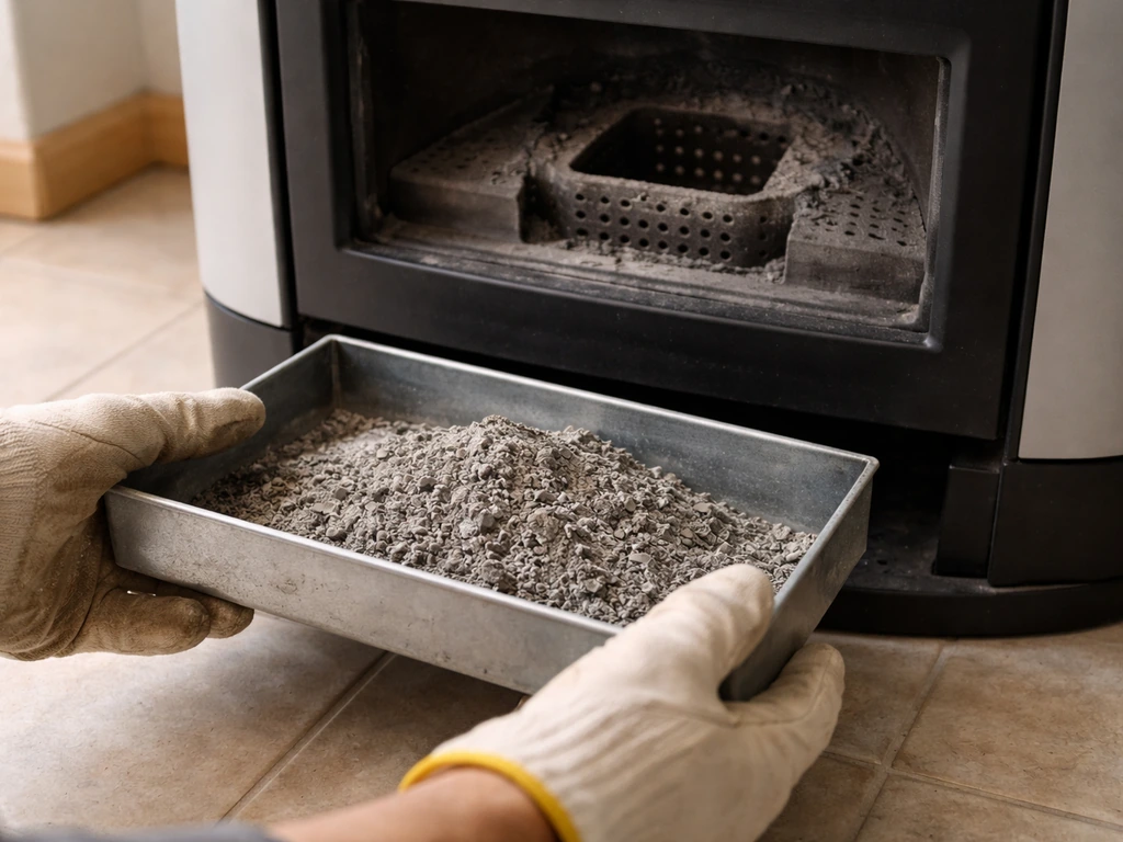 Gloved hands empty an ash tray and inspect a heater’s burn pot on a clean floor