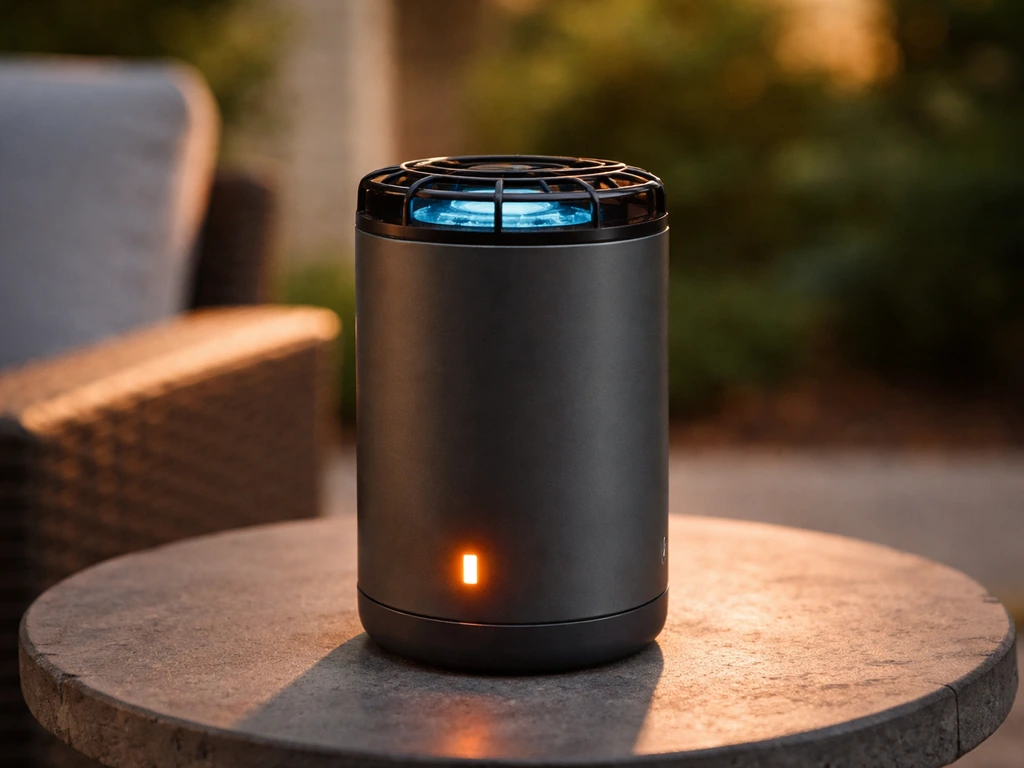 Thermacell Patio Shield turned on outdoors on a patio with a visible warm active glow.