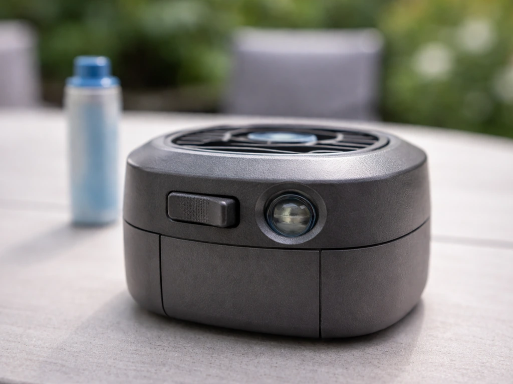 Close-up of a Thermacell-style patio device controls with the ON/activation area visible before setup.