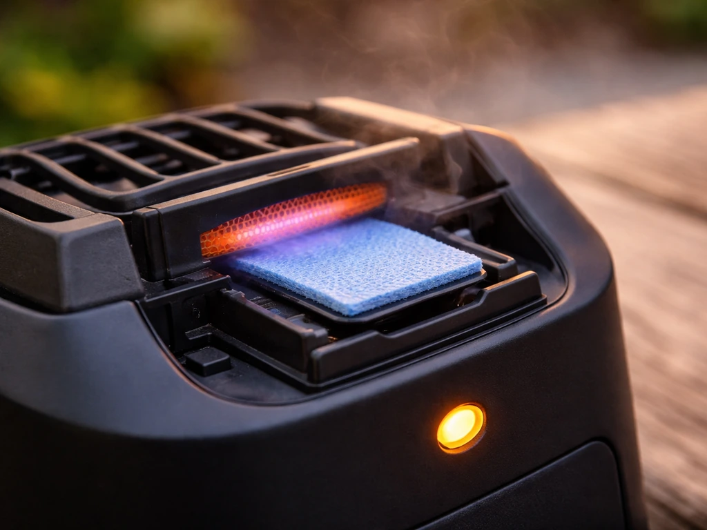 Close-up of a patio repellent device heating a mat as an indicator light turns on.