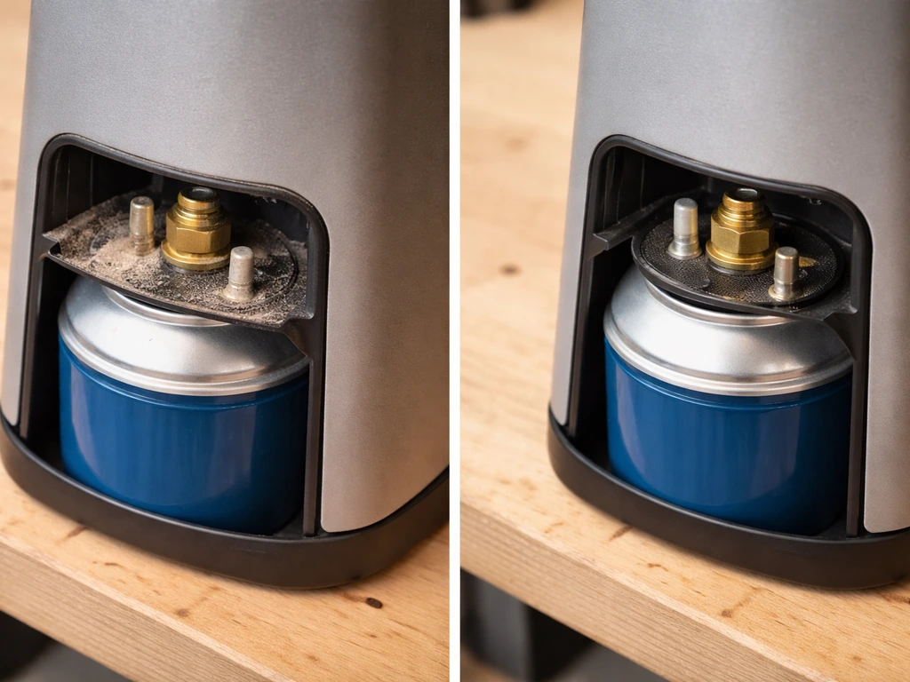 Side-by-side close-ups of a patio heater cartridge: loose and dirty left, properly seated and clean right.