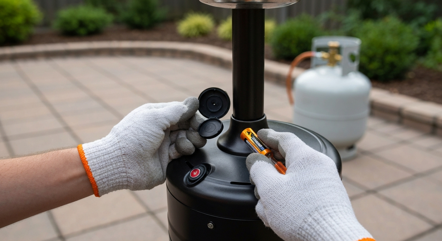 Hands replacing an AA battery in a patio heater igniter button next to a screwdriver; propane tank valve visible closed in the background.
