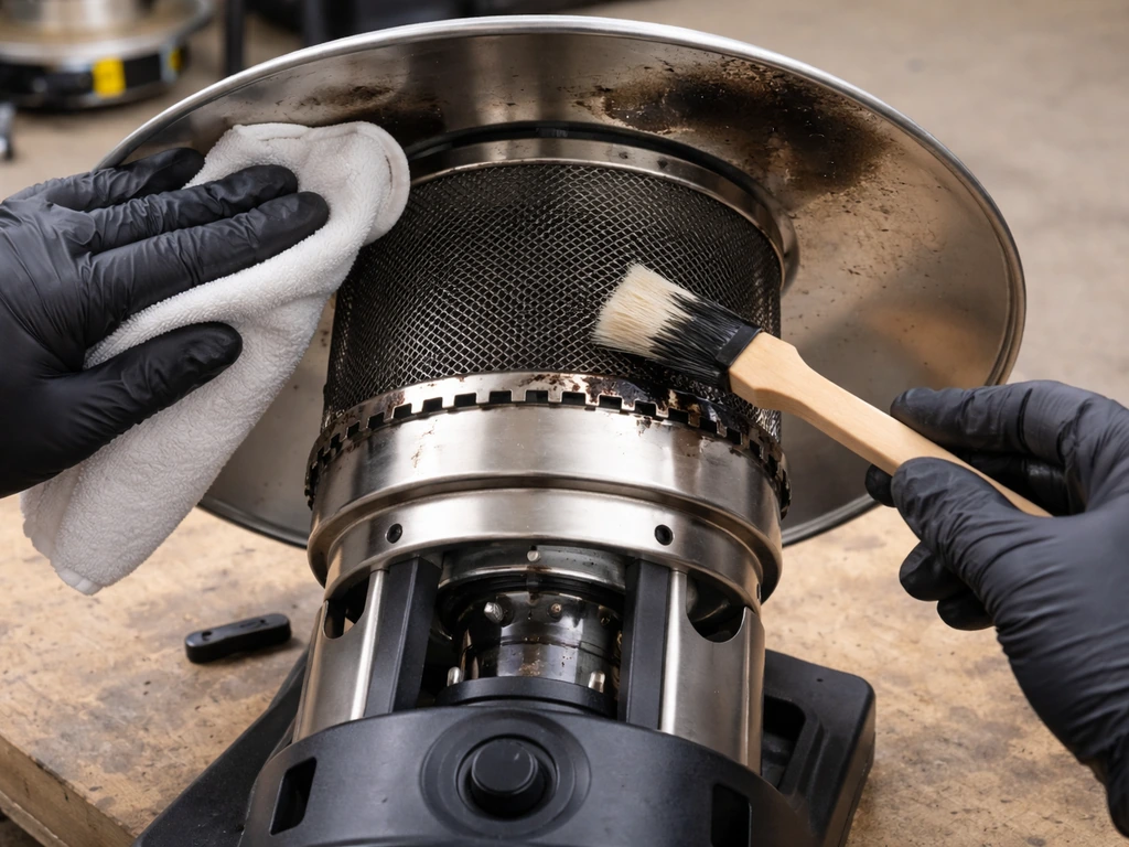 Close-up of a burner reflector being cleaned with cloth and a soft brush to remove carbon buildup.