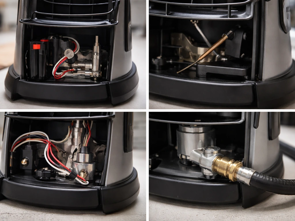 Close-up of an off propane heater showing four internal areas: igniter battery, thermocouple spot, tilt switch, and hose
