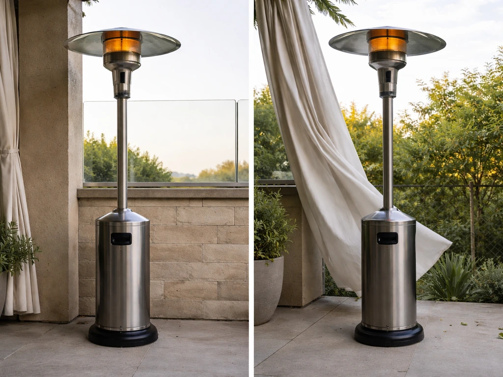 Outdoor patio heater positioned beside a windbreak, contrasting sheltered vs exposed airflow conditions.