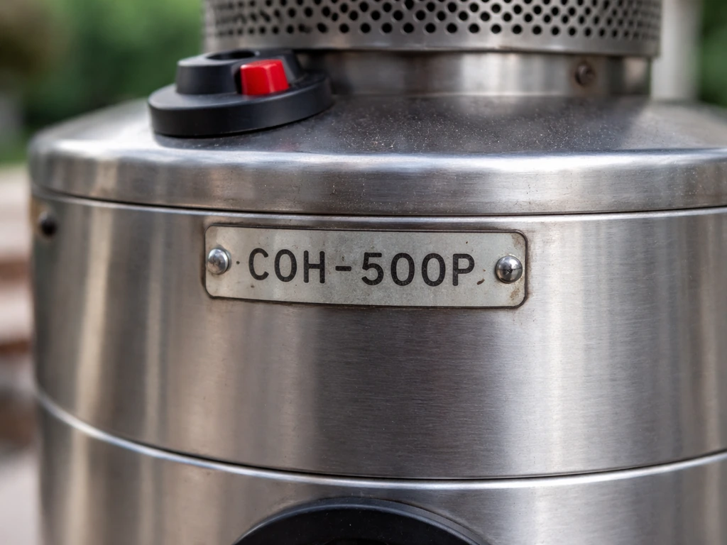 Close-up of a patio heater’s front metal model number label plate for finding the correct manual.