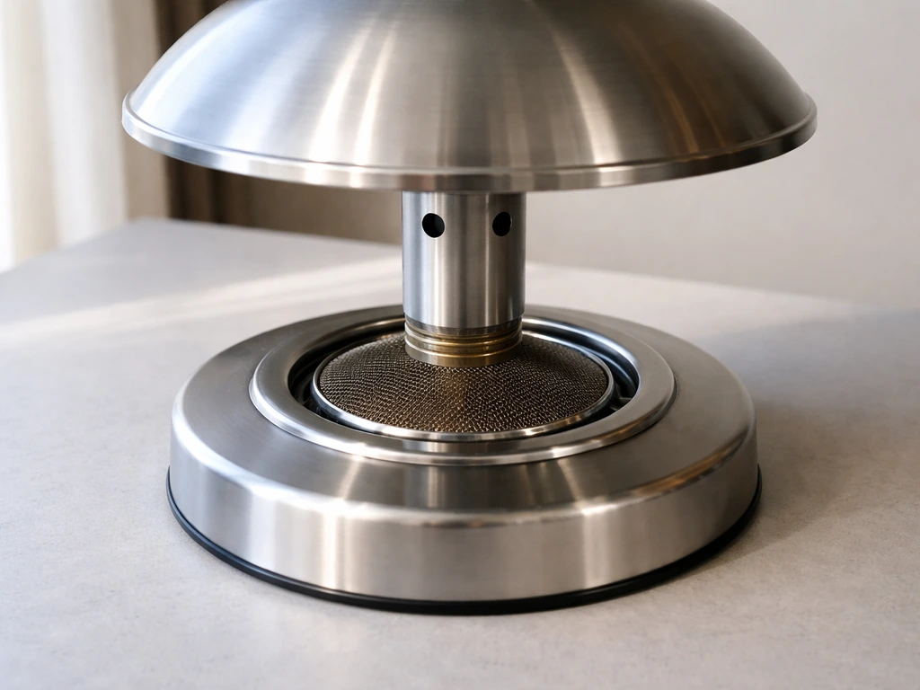 Close-up of a tabletop heater with its dome heat reflector lifted and burner screen seated on the base
