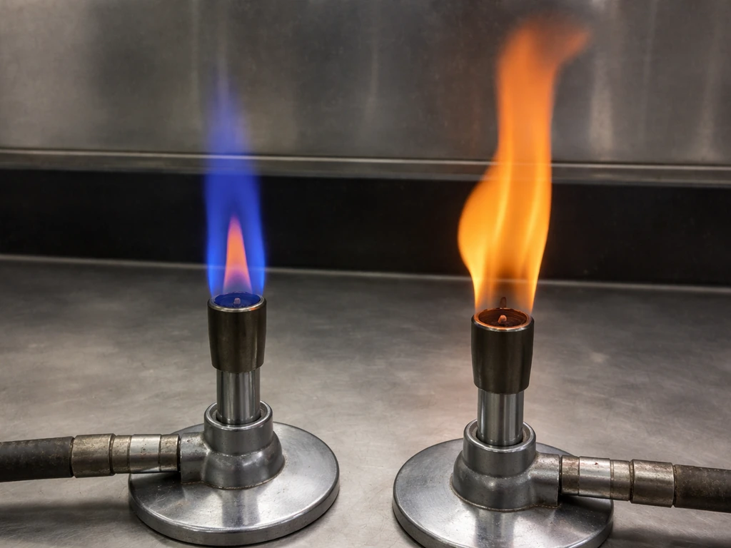 Side-by-side blue flame with small yellow tips next to sooty orange-yellow flame from incomplete combustion.