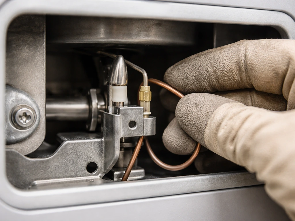 Close-up of pilot light and thermocouple area on a gas unit with a hand checking the wiring position.