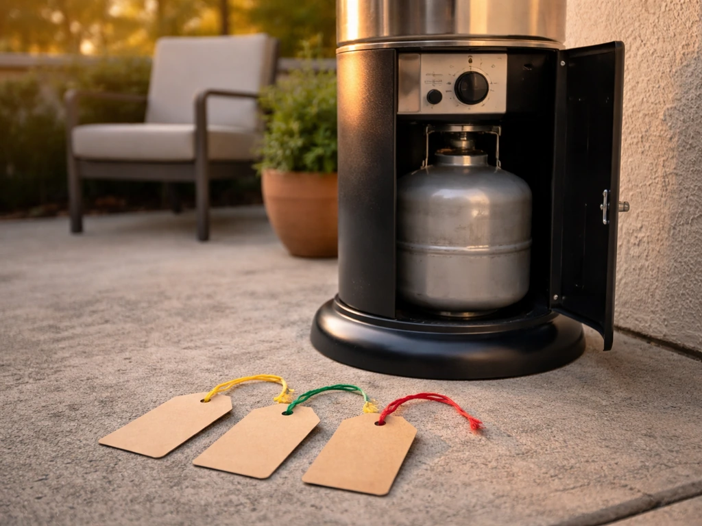 Side view of a patio heater with three blank tags near its base suggesting daily/weekly/monthly rental buckets