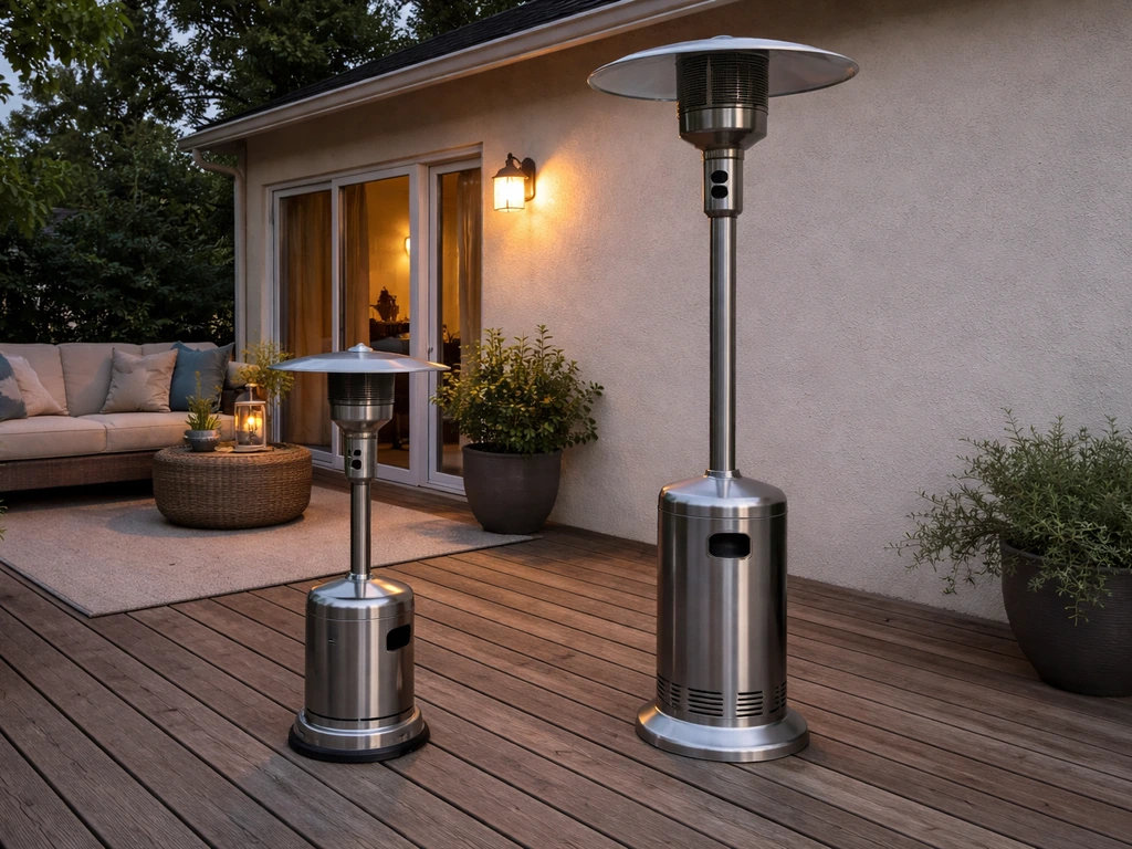 Two patio heaters of different sizes on a deck, suggesting higher BTU coverage for larger space