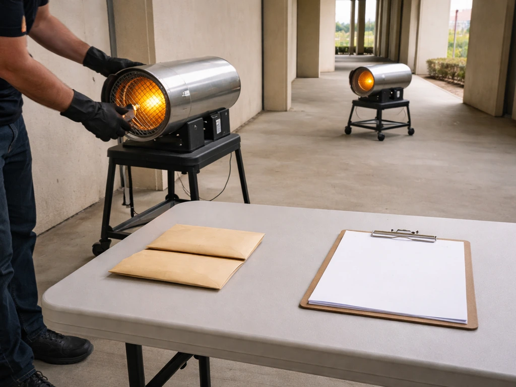 Minimal event setup with two portable heaters and a small rental contract-style backdrop, suggesting short vs long terms