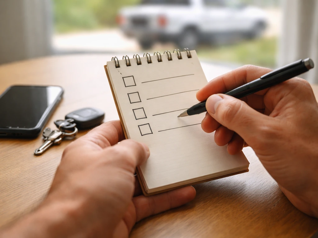 Hands review a patio heater rental checklist with delivery/pickup items, pen over checkboxes, phone nearby.