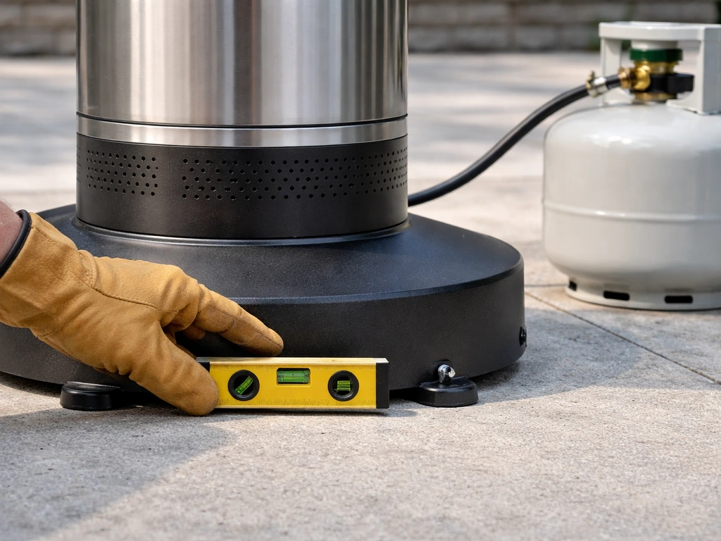 Gloved hand using a small level to check a propane patio heater sits on a firm, flat surface.