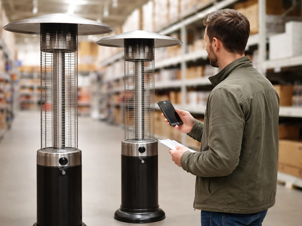 Anonymous shopper compares floor propane patio heaters in-store while checking an online listing on a phone.