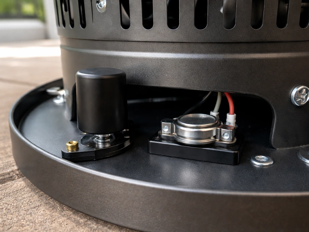 Close-up of a propane patio heater’s base showing tip-over switch and overheat auto-shutoff component.