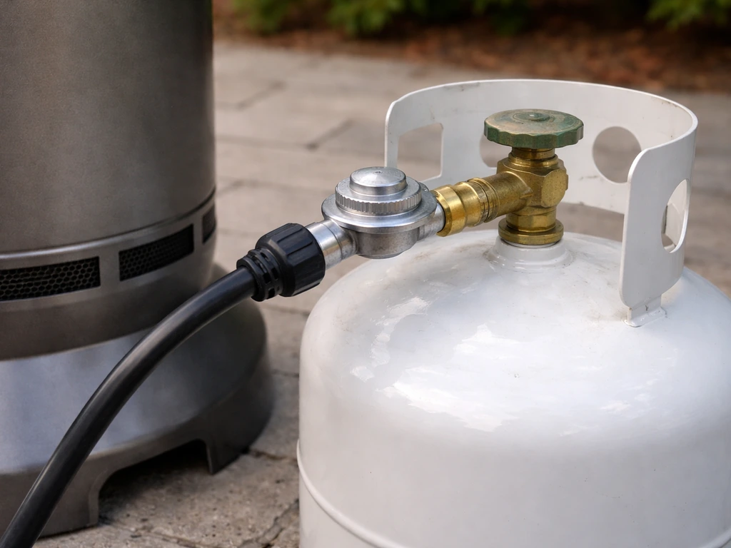Close-up of a 20 lb propane cylinder with regulator and hose connected for a patio heater setup.