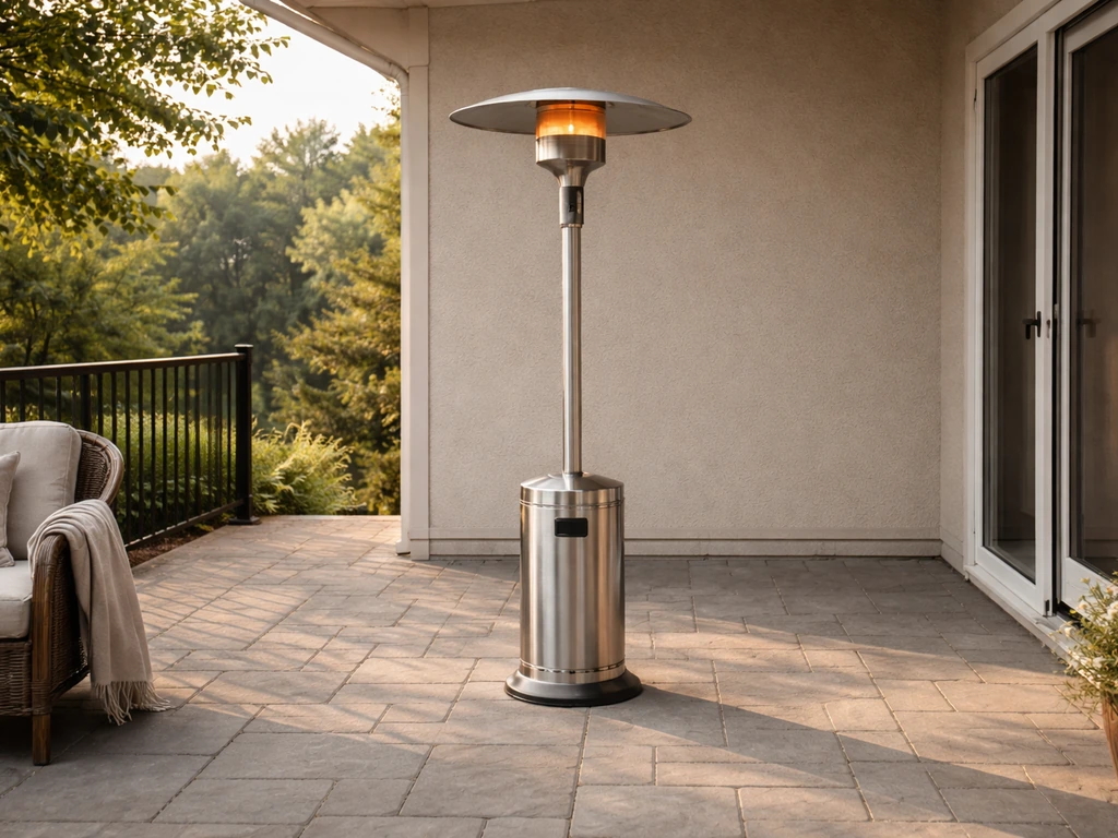 Propane patio heater placed on a covered patio with clear open space around it, showing safe clearance.