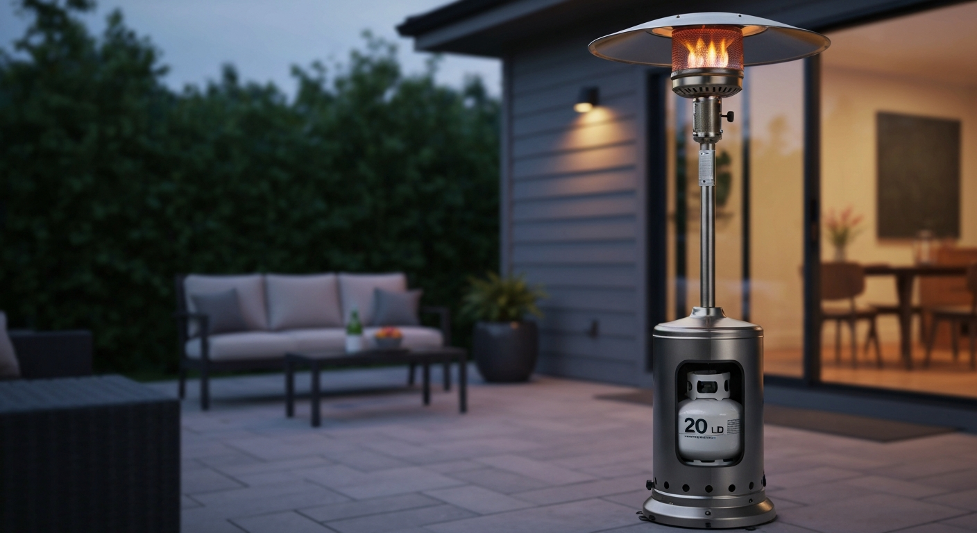 Freestanding Belleze-style patio heater glowing on a backyard patio at dusk, showing the dome and base.