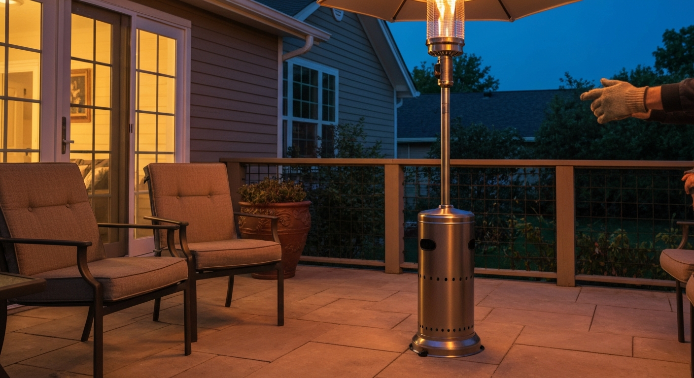 Lit freestanding propane patio heater on a backyard patio at dusk with clear safe clearances and no people.