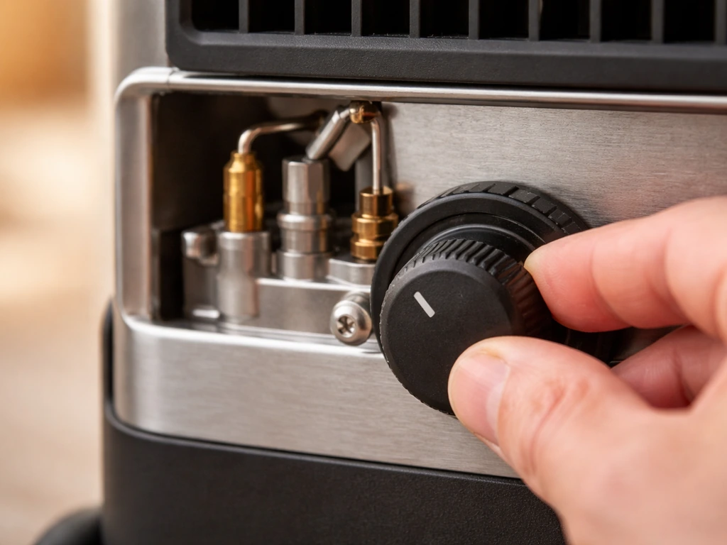 Hand pressing the heater control knob near the pilot/thermocouple area.