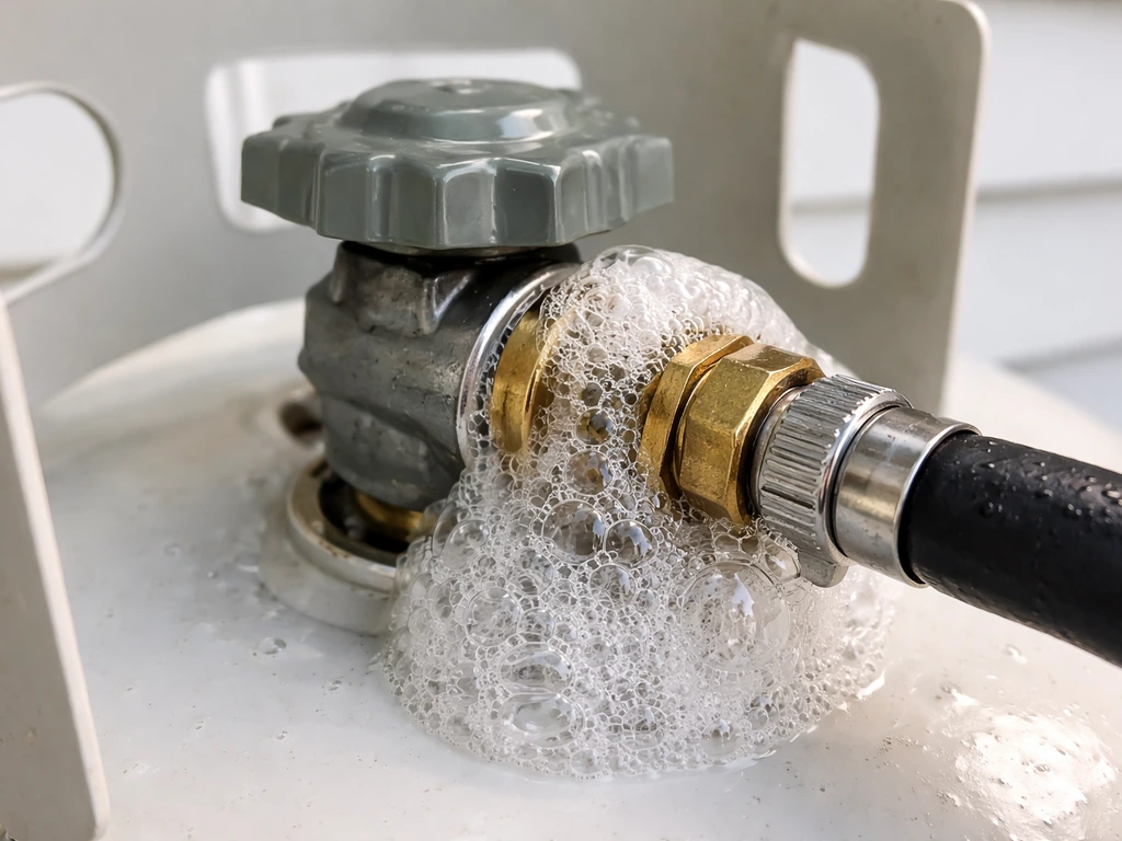 Bubbly soapy mixture used to leak-check the propane regulator fitting and hose connection.