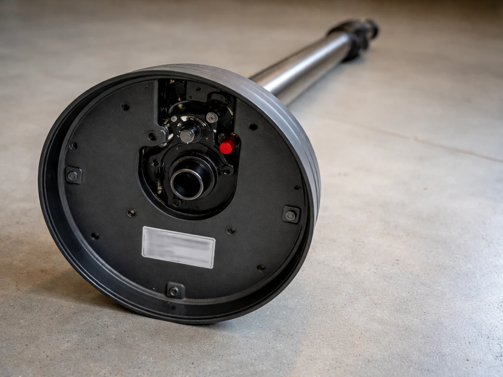 Close-up of a heater base underside with the model-label area visible, plus part of the pole assembly.