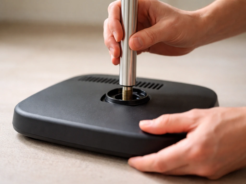 Person threading a vertical pole into a heater base socket during first-time assembly