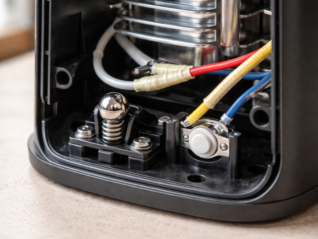 Close-up of an electric heater housing showing the tip-over safety switch and thermal cutoff areas.