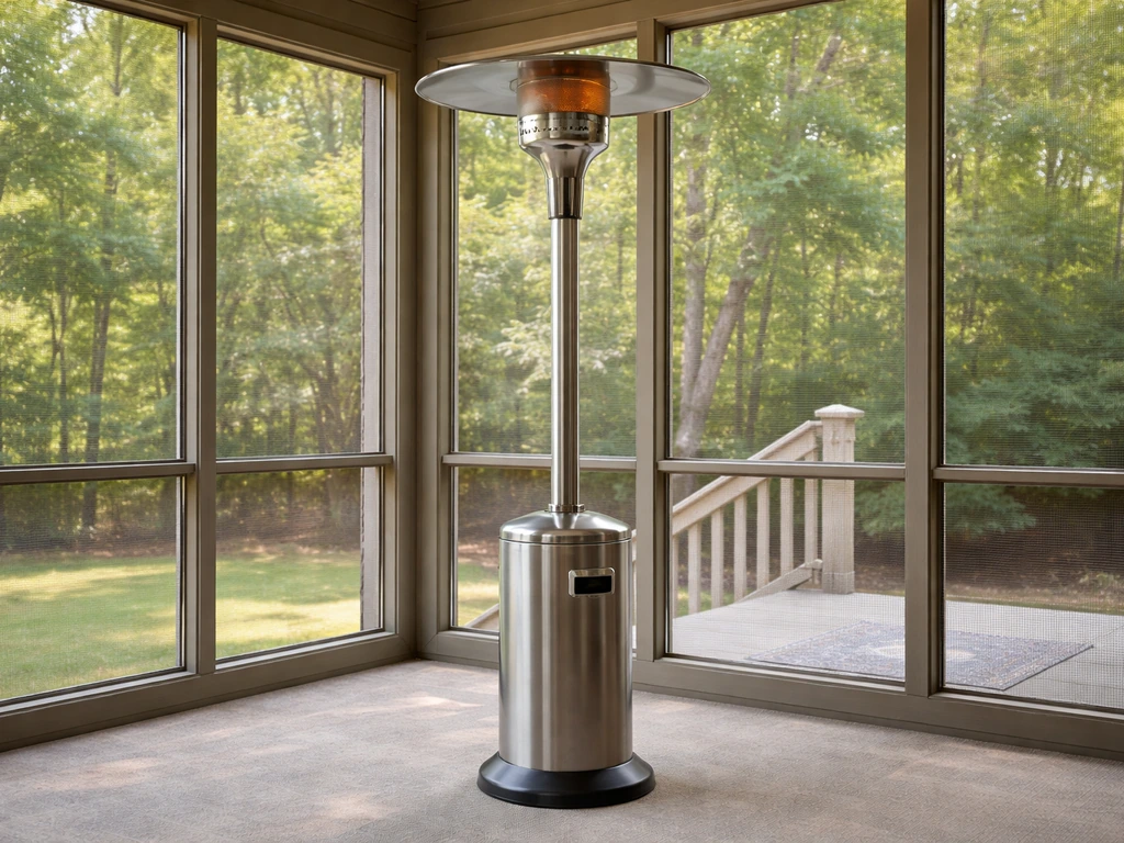 Patio heater on a screened porch with clear space around and screens visible, showing safe placement context.