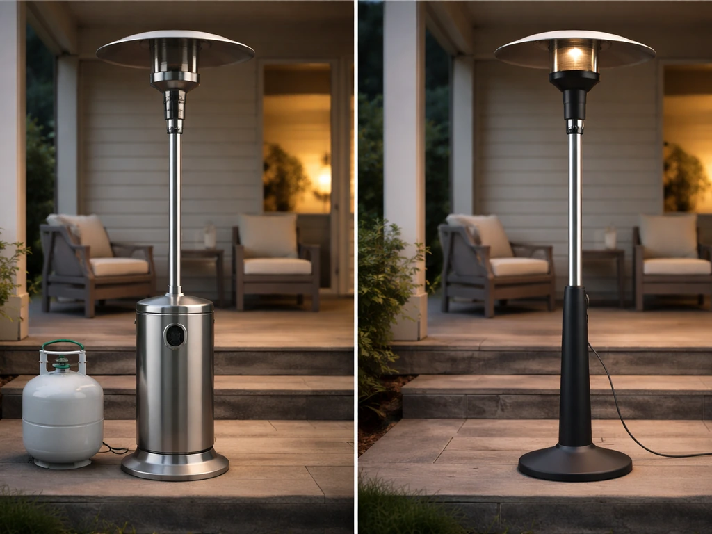 Porch with two patio heaters side by side—gas heater on one side and electric heater on the other.
