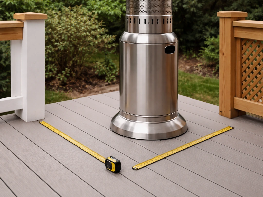 Gas patio heater beside wood trim, showing clear safe spacing from combustibles.