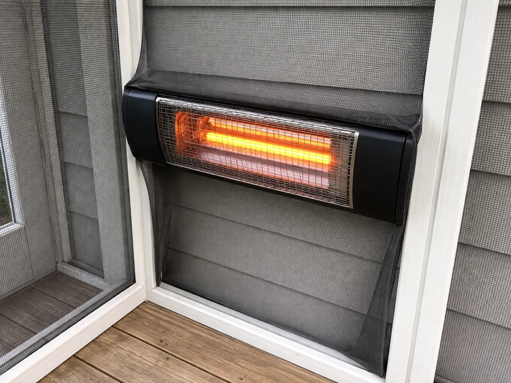 Unsafe porch heater with screened panels closed, blocking side and top clearance around the unit.