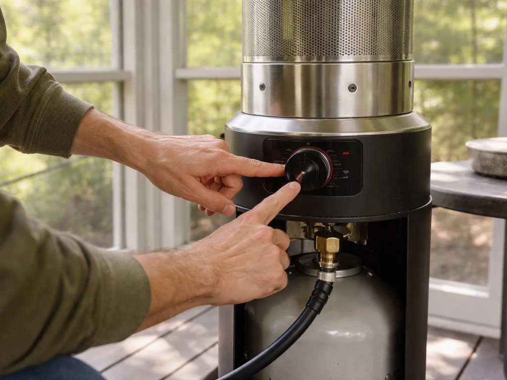 Person inspecting a patio heater controls and hose on a screened porch before turning it on