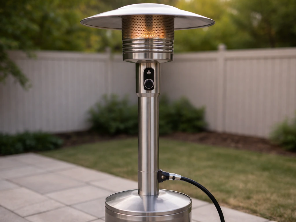 Costco patio heater on a patio with propane line connected, showing safe setup and glowing pilot area