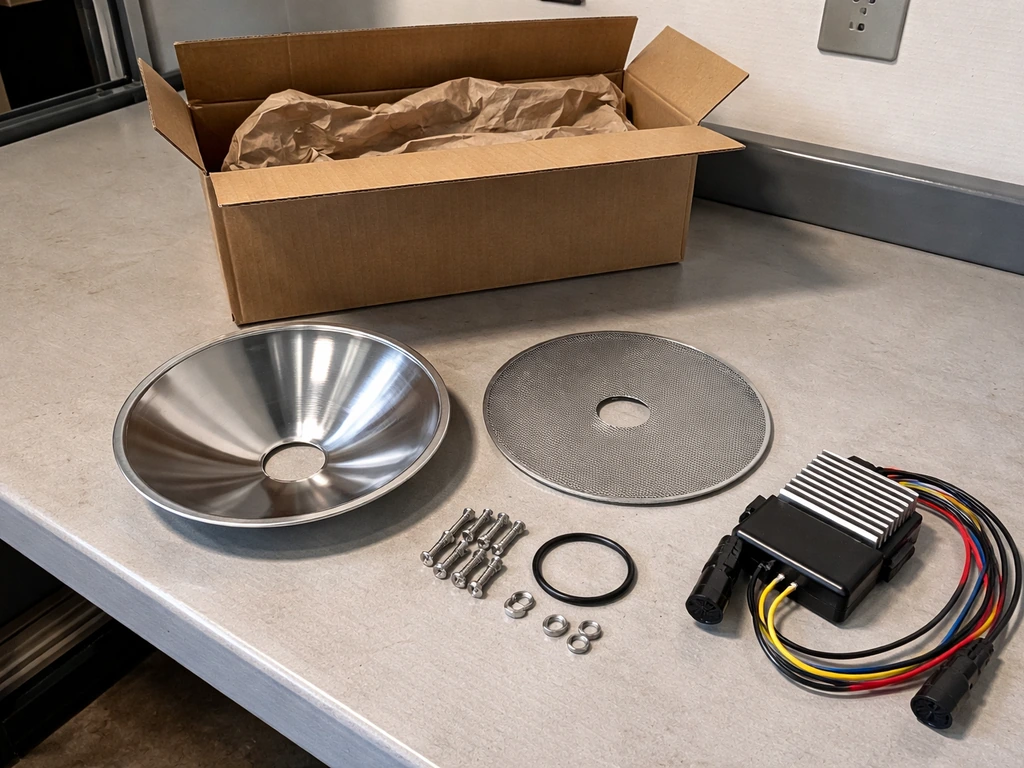 Parts from a Costco FireSense patio heater unboxed, laid out neatly on a table for assembly.
