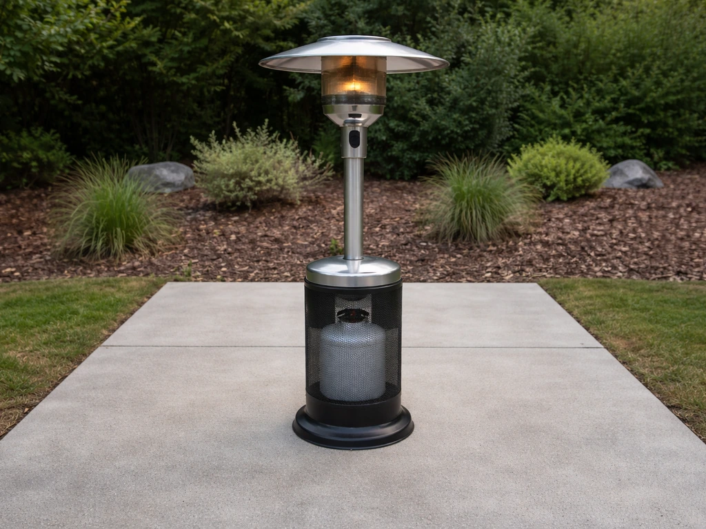 Outdoor heater on a level concrete pad with clear space around it for airflow