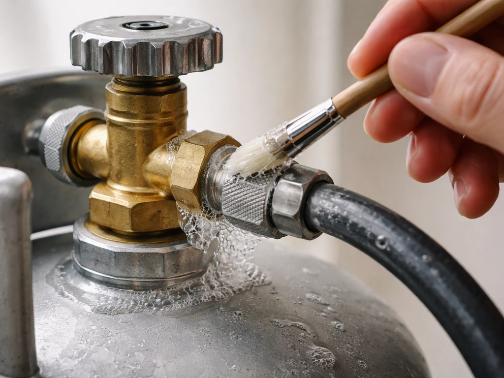 Soapy water at a gas connection point with a clear watch for bubbles during a leak test