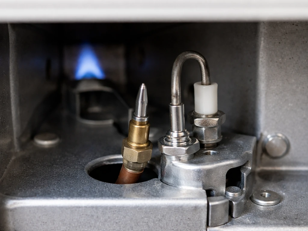 Close-up of a thermocouple probe near a pilot flame and the adjacent ODS sensor area inside a gas heater.
