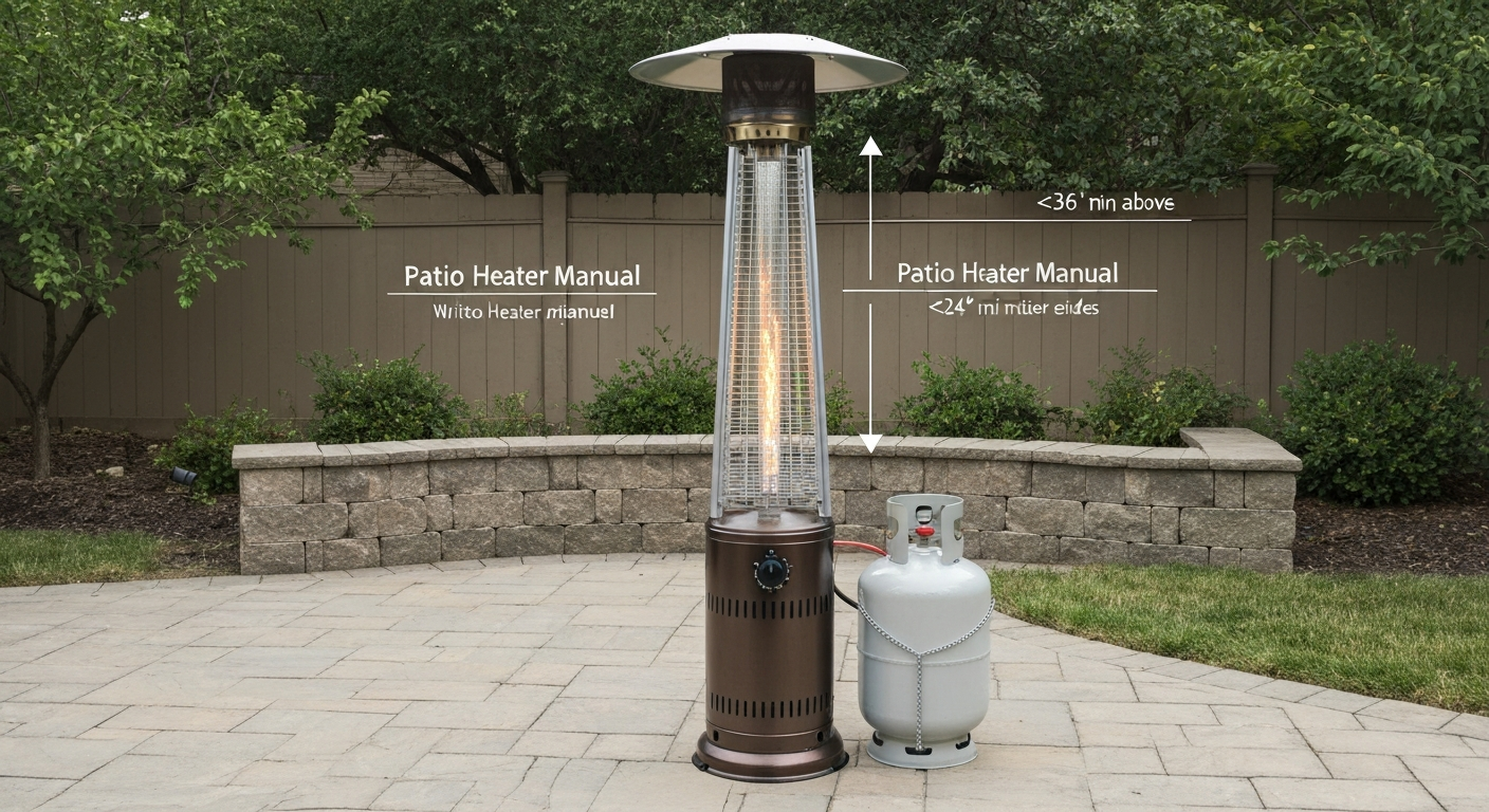 Assembled propane tower patio heater on a patio with subtle clearance arrows indicating required distances above and to the sides.