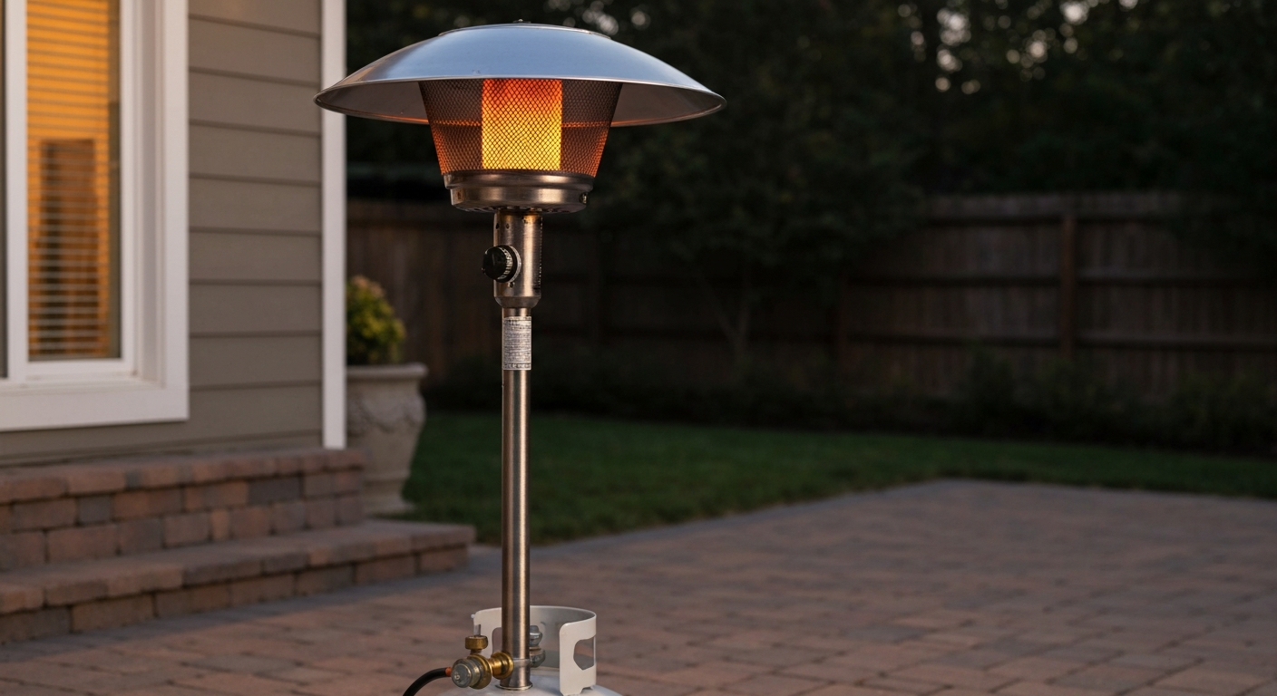 Evening scene of a freestanding mushroom-style patio heater on a patio, glowing under its reflector; control knob and propane tank visible.