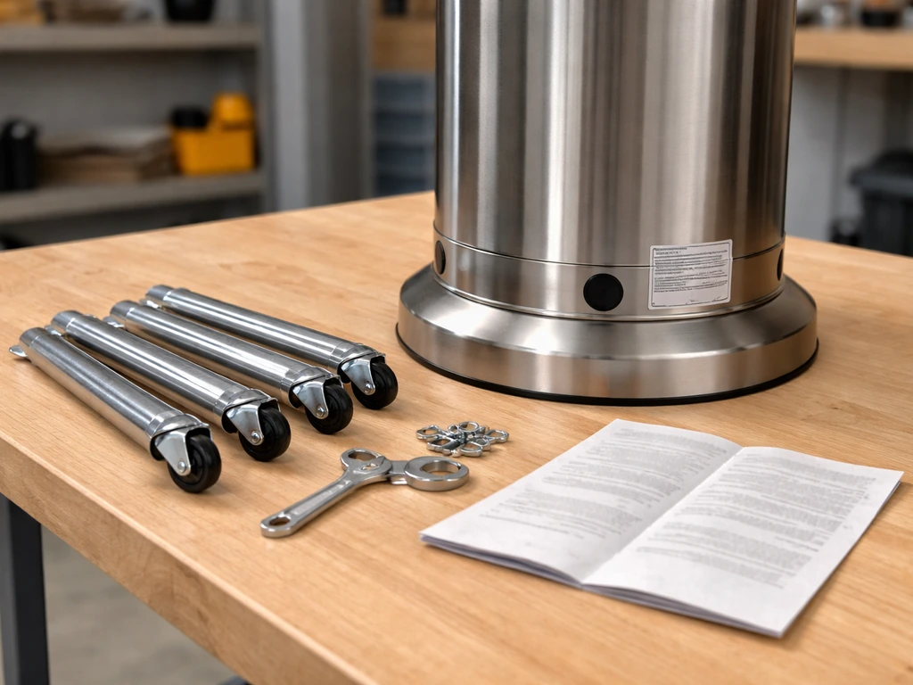 Patio heater parts laid out on a workbench with the heater model label sticker nearby.