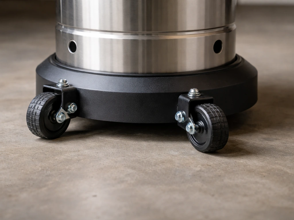 Close-up of a propane tower heater base with wheels attached using visible M6 bolts on a garage floor.