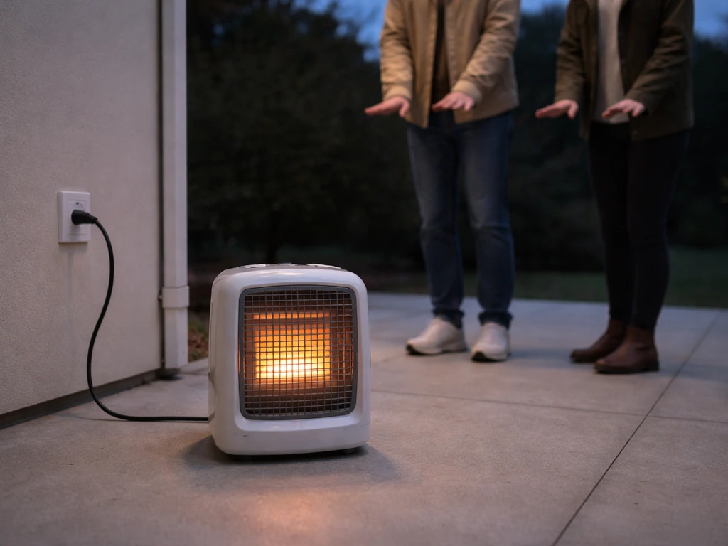 Outdoor electric heater running on low while two people stand back checking for unusual smell.