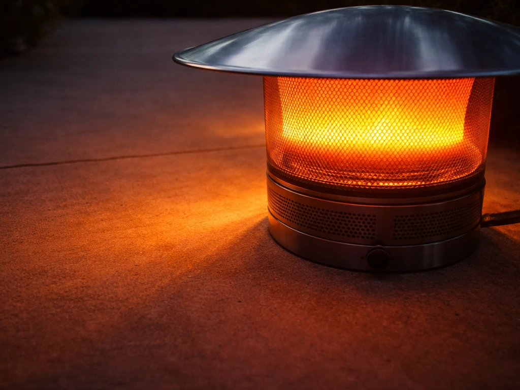 Close-up of a glowing patio gas heater reflector showing warm radiant heat spreading outward