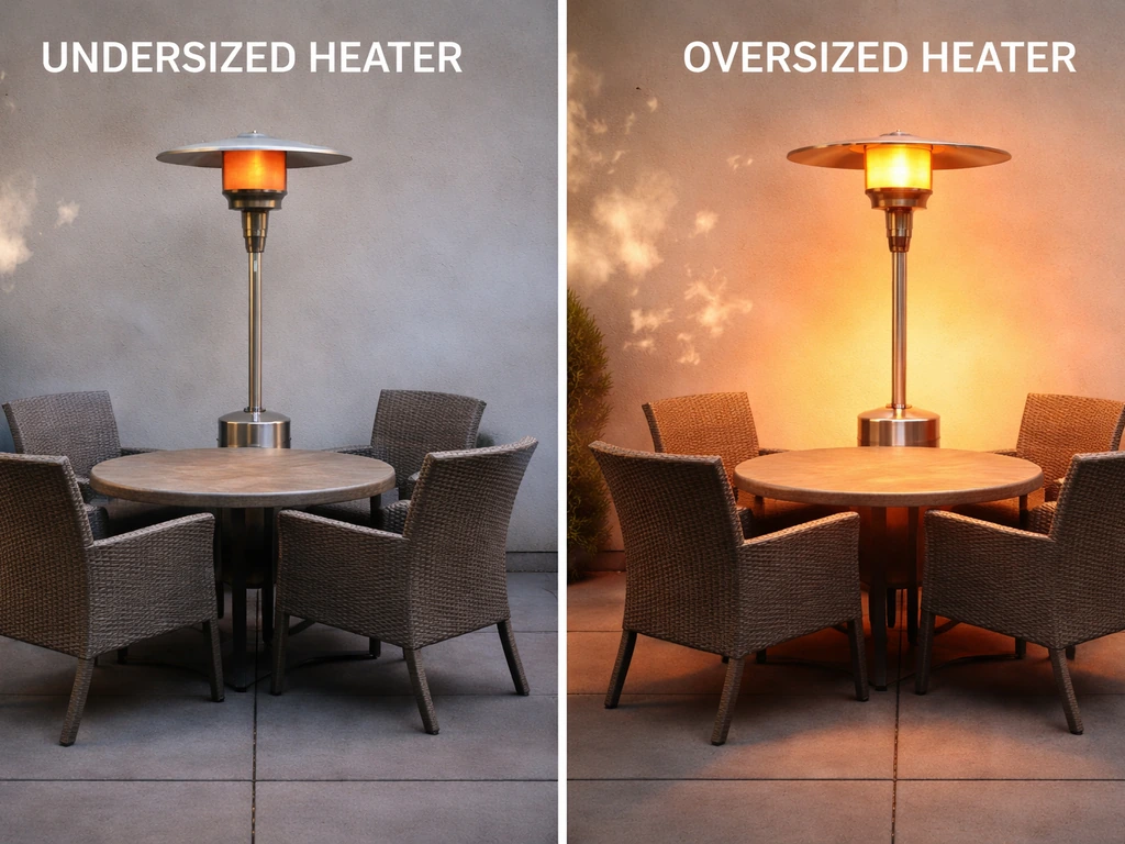 Side-by-side patio comparison: undersized heater leaves outer seats cold; oversized heater overheats the center.